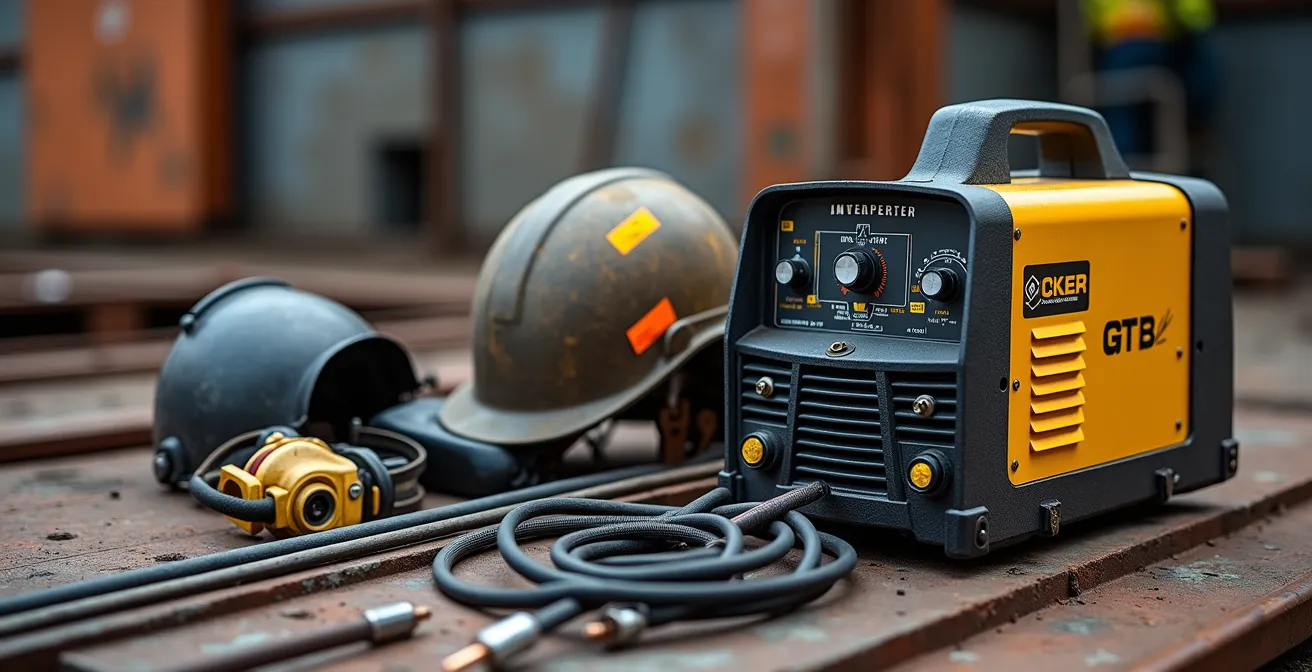 Équipement de soudage portable professionnel disposé sur chantier avec accessoires
