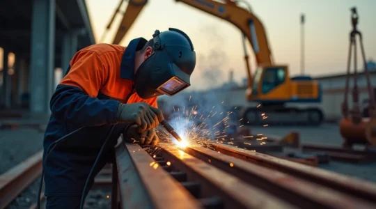 Soudeur professionnel en action sur chantier avec équipement portable et protection complète