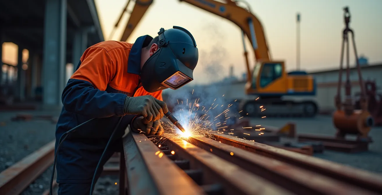 Soudeur professionnel en action sur chantier avec équipement portable et protection complète