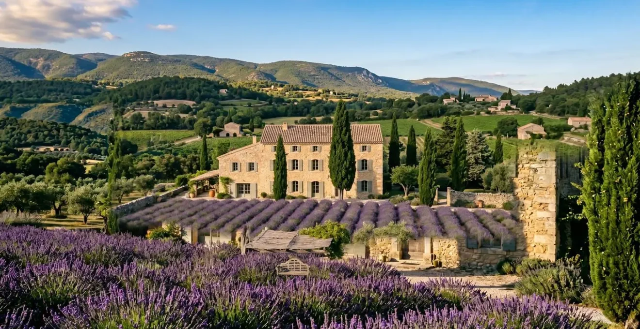 Façade restaurée d'un mas provençal traditionnel en pierre calcaire sous lumière dorée, entouré de lavandes et cyprès avec collines du Luberon en arrière-plan, architecture XVIIIe siècle préservée