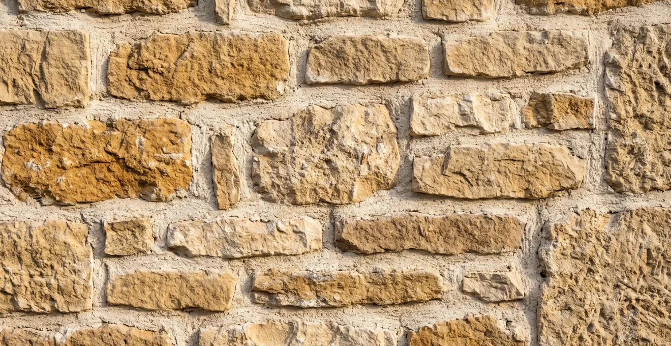 Gros plan sur un mur en pierre calcaire ancienne provençale montrant la diversité des tailles et teintes naturelles de chaque pierre assemblée artisanalement avec joints à la chaux irréguliers, éclairé par lumière naturelle rasante