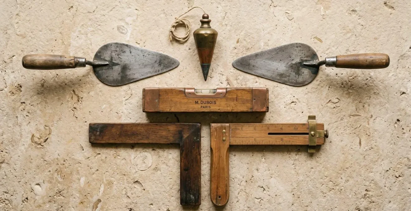 Vue de dessus symétrique d'outils traditionnels de maçonnerie anciens (truelle, fil à plomb laiton, niveau bois et cuivre, équerre) disposés sur pierre calcaire, symbolisant le savoir-faire artisanal transmis