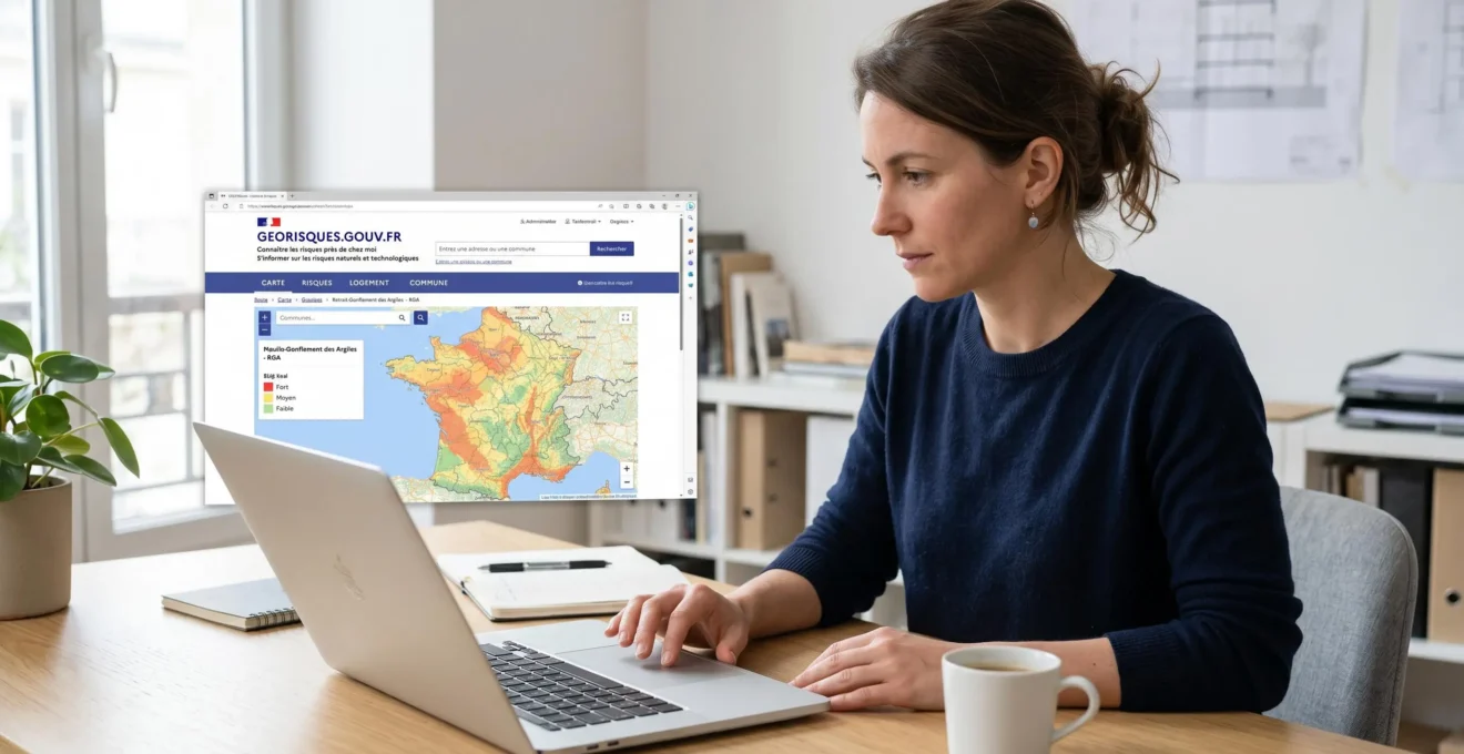 Consultation du site géorisques.gouv.fr sur ordinateur portable affichant carte des zones d'exposition aux argiles