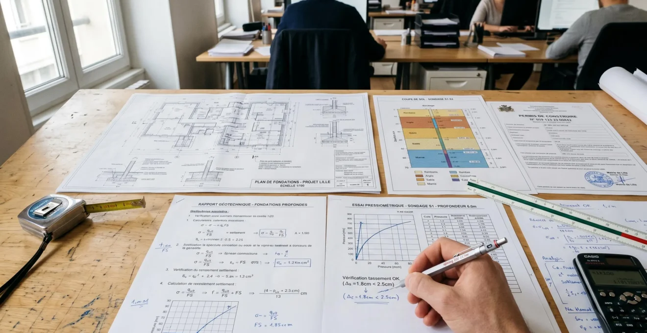 Plans de fondations et calculs géotechniques détaillés étalés sur bureau d'études avec rapports de sondages