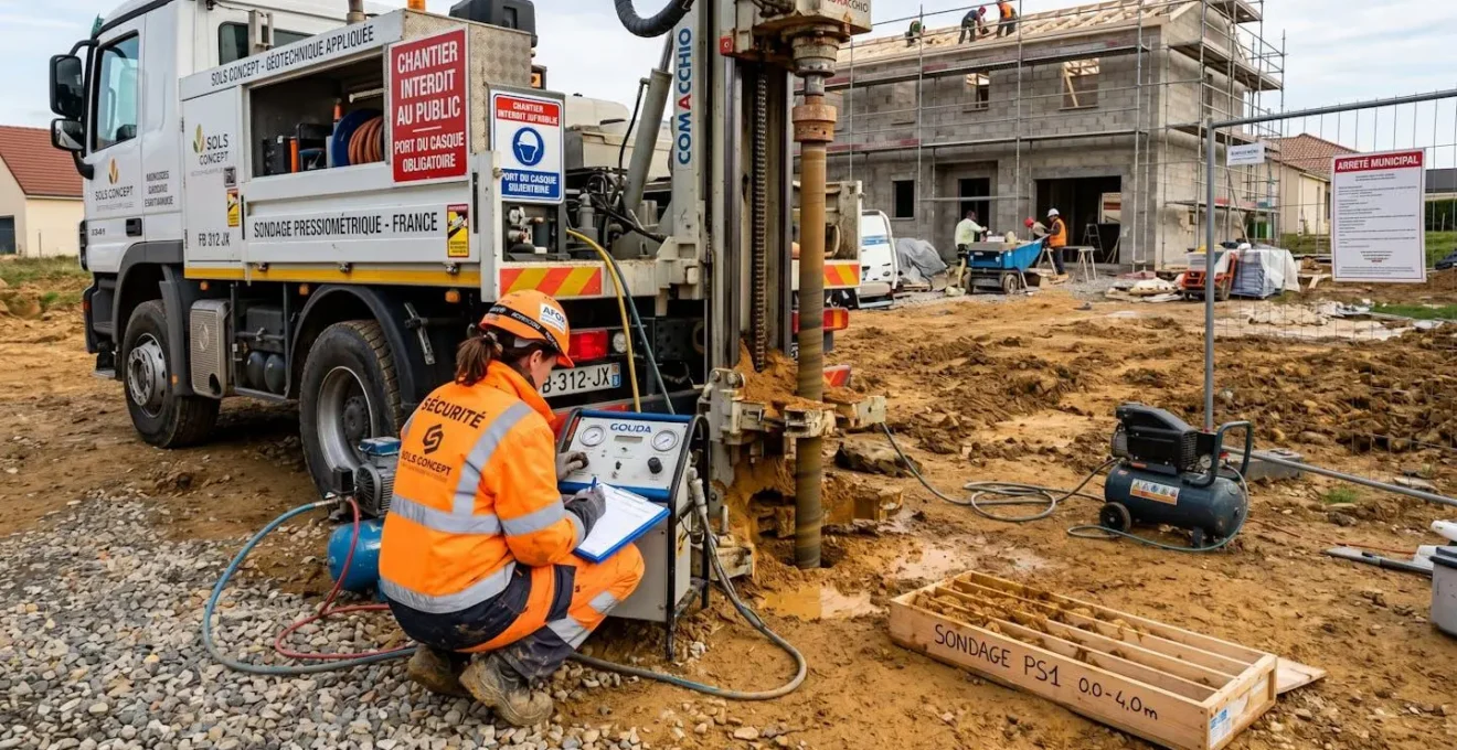 Technicien géotechnicien effectuant un sondage pressiométrique avec foreuse sur chantier de construction résidentielle