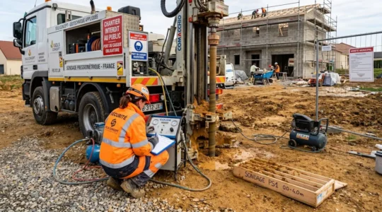 Technicien géotechnicien effectuant un sondage pressiométrique avec foreuse sur chantier de construction résidentielle