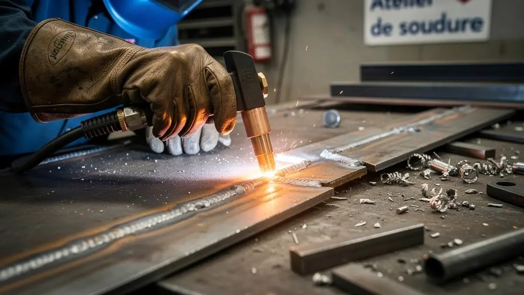 Gros plan sur une torche de soudage MIG/MAG en action sur un assemblage d'acier avec arc électrique et projections d'étincelles