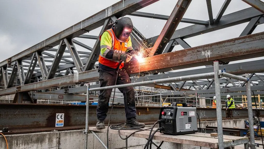 Soudeur de chantier réalisant une soudure à l'arc MMA sur structure métallique lourde en environnement extérieur