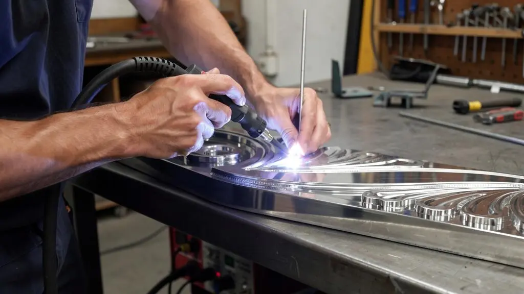 Soudeur réalisant une soudure TIG de précision sur acier inoxydable avec baguette d'apport et arc bleuté caractéristique