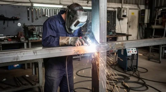 Soudeur professionnel réalisant une soudure MIG dans un atelier de métallerie avec équipement de protection complet