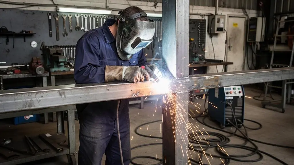 Soudeur professionnel réalisant une soudure MIG dans un atelier de métallerie avec équipement de protection complet